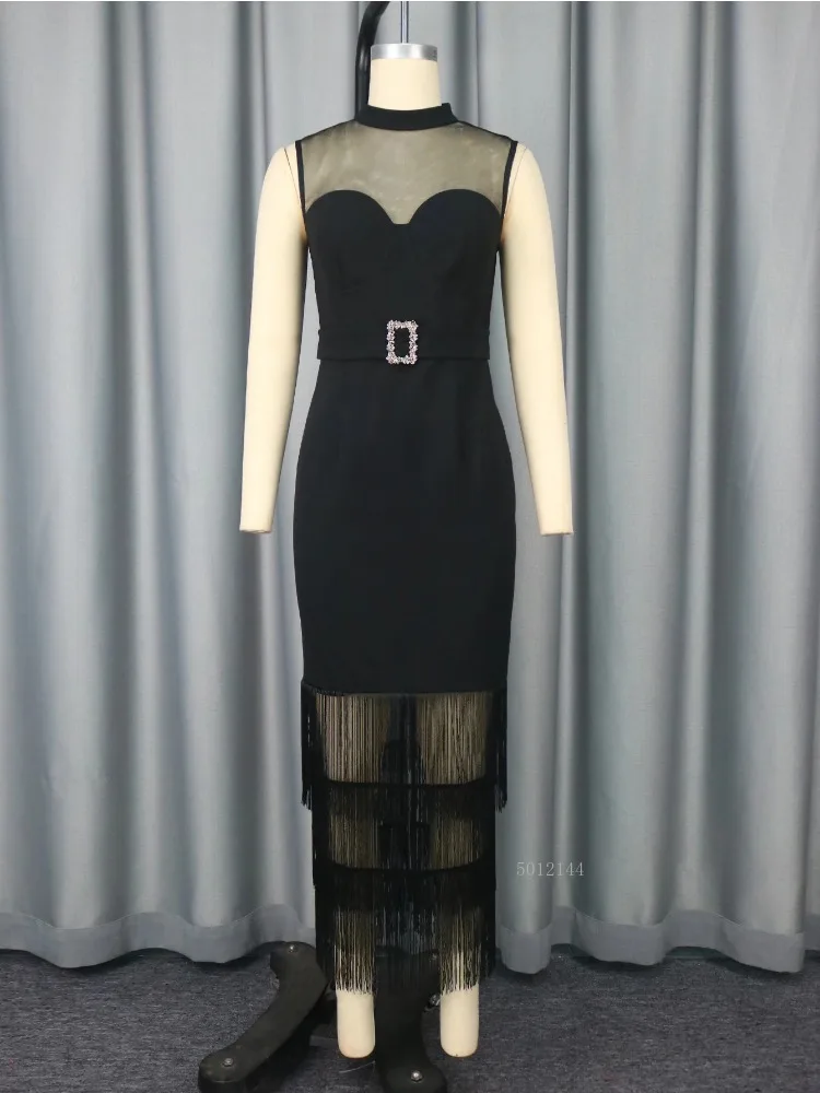 

Elegant Tassel Black Dresses for Women Patchwork Mesh Half High Neck Sleeveless Package Hip Mid-calf Dress for Party Club Wear