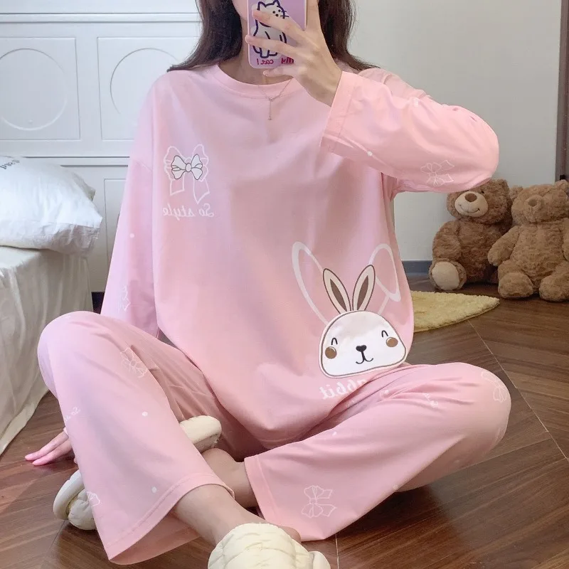 Women Pajamas Spring Pure Cotton Long-Sleeved Korean Style Round Neck Pajamas Suit Female Sweet Cute Loose Homewear Set 2024