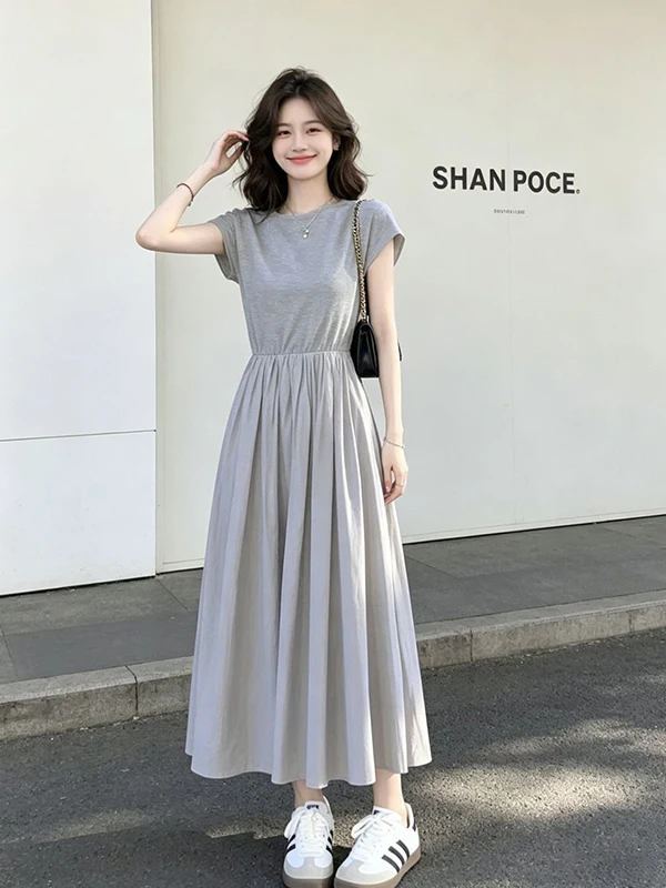 

plus Size Women's Korean Style Slimming Dress Short Sleeve 300 Pounds Gentle Summer T-Shirt Dress A-Line Silhouette Casual Wear
