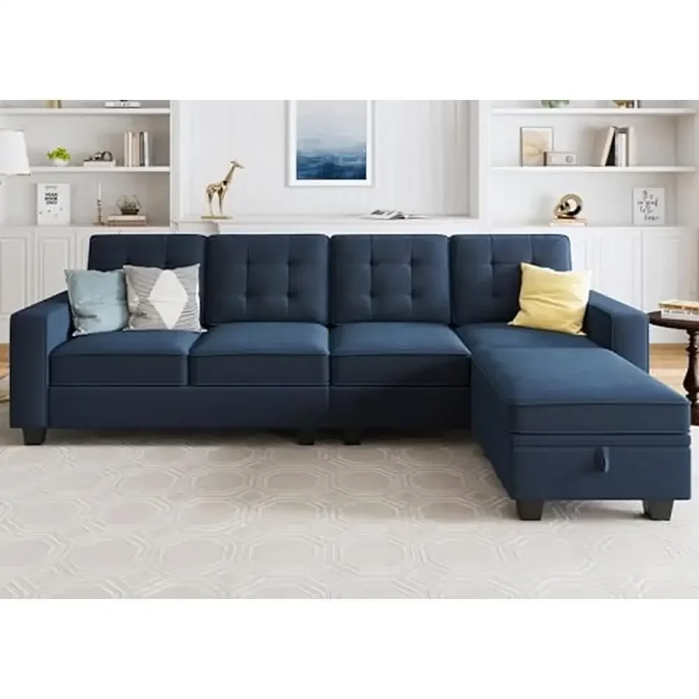 Modern Velvet Sectional Sofa 4-Seater Chaise Storage Ottoman Blue Wood Frame Pet Friendly