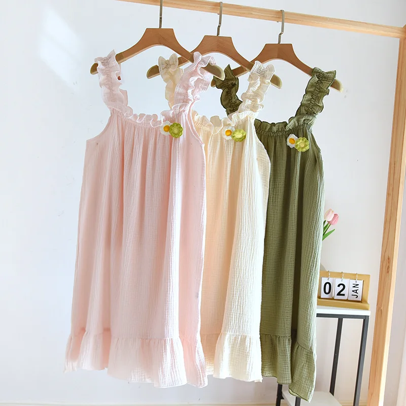 

2024 summer new women's suspender nightdress 100% cotton crepe thin style solid color floral vest skirt home skirt sleepwear