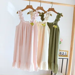 2024 summer new women's suspender nightdress 100% cotton crepe thin style solid color floral vest skirt home skirt sleepwear