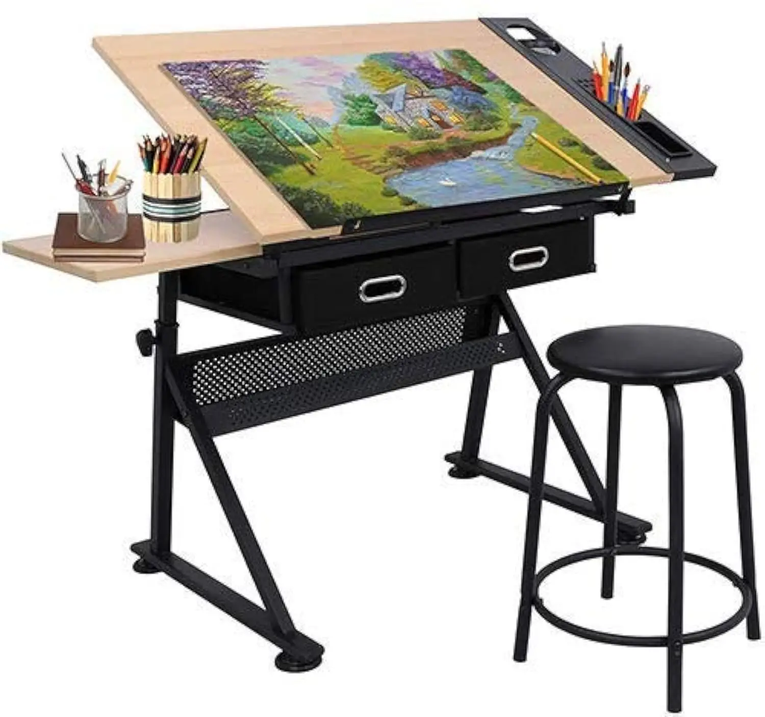 Drafting Table Drawing Desk Art&Craft Work Station Height Adjustable Tilting Tabletop Craft Table Desk w/Stool