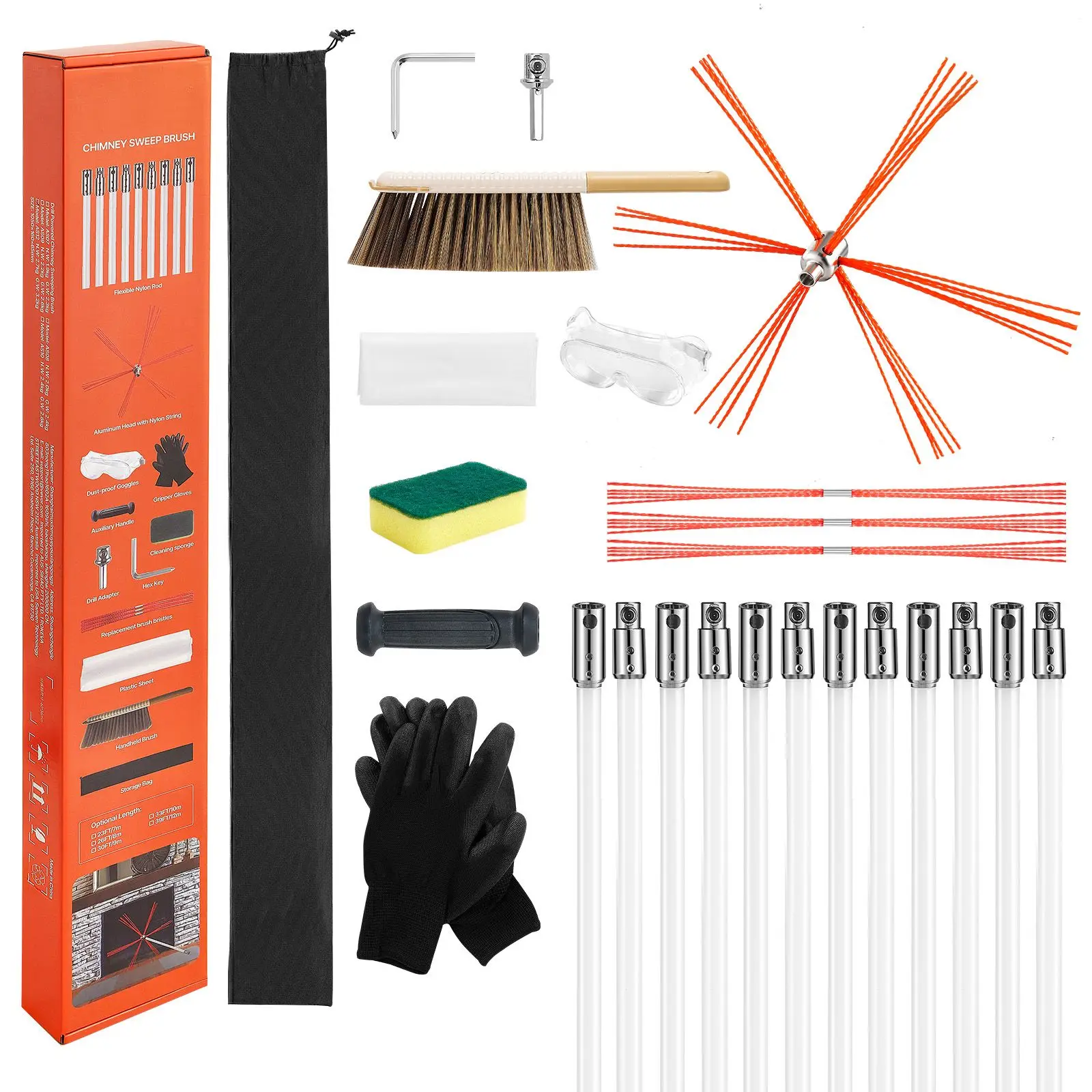 Chimney Sweep Kit, 39 ft Maximum Extendable Length, Cleaning with Bristle Replacements & Goggles, 90° Bendable Fireplace Tool
