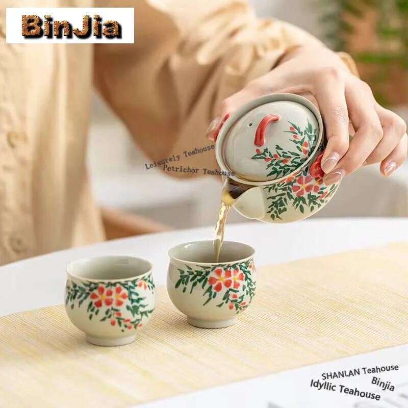 

Hand Drawn Trumpet-creeper Travel Tea Set Boutique Hand-grasp Pot Tea Set Kit Traditional 1 Pot 2 Cups Tea Brewing Organizer