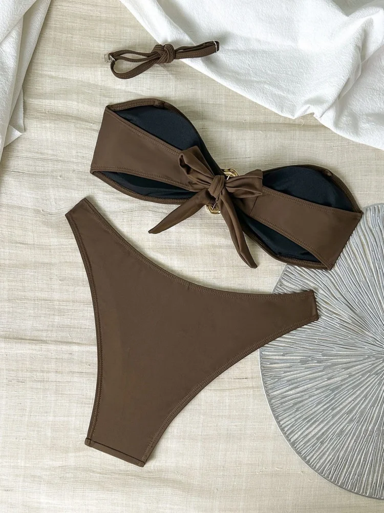 Biquíni feminino maiô 2026 novo sólido bandeau biquinis conjunto sexy cintura alta banho de verão duas peças beachwear maiô feminino