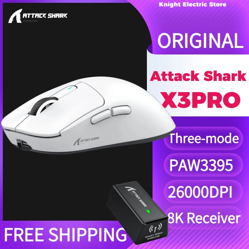 

Трехрежимная игровая мышь Attack Shark X3PRO, PAW3395 26000 точек на дюйм, приемник 8K, длительный срок службы батареи, легкая эргономичная мышь 59 г