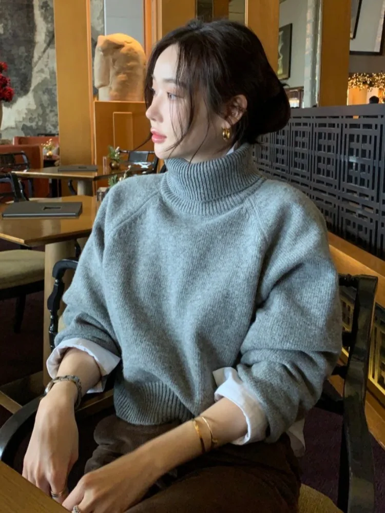 

Gray High Neck Long Sleeve Sweater Women's Fashionable Simple Style Winter New Arrival Korean Style Inner Wear Regular Fit