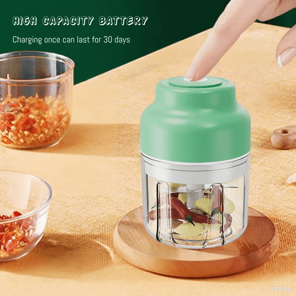 Tritatutto elettrico per aglio a doppio motore Robot da cucina ricaricabile USB Acciaio inossidabile 6 lame affilate Ciotola per PC resistente da 350 ml