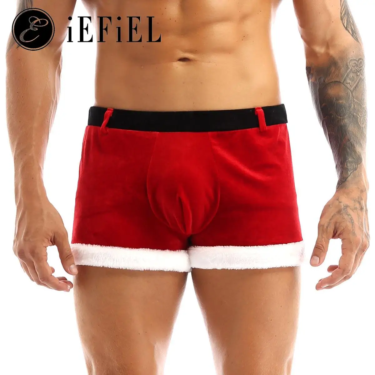 Mens Adult Christmas Santa Claus Costume Red Velvet Boxer Briefs Underwear Underpants for Xmas Holiday Party Festivals