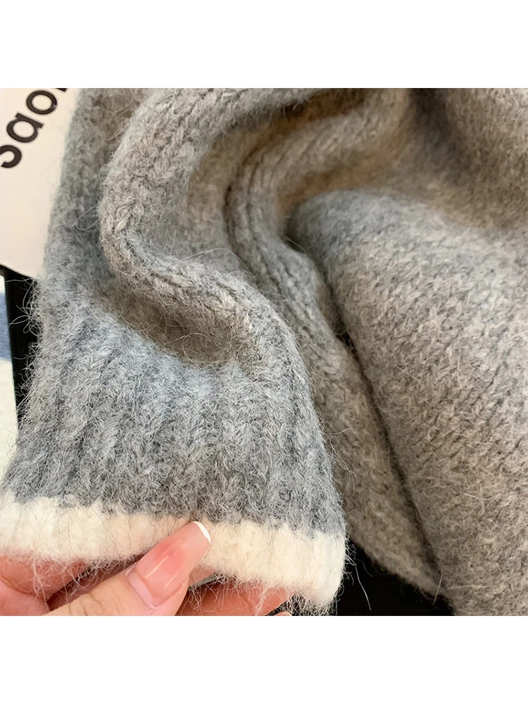 2022 Autumn Winter Women O-neck Contrast Color Knitwear Jumper Baggy Long Sleeve Office Lady Warm Plush Knit Pullover Sweater