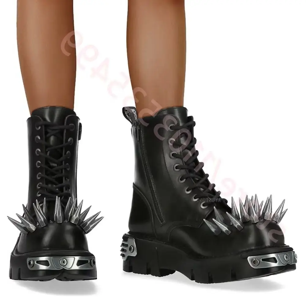 Новинка 2025 года, уличные ботинки в стиле панк с шипами и заклепками, осенние ботинки на толстом каблуке со шнуровкой, черные модные спортивные повседневные ботильоны на молнии