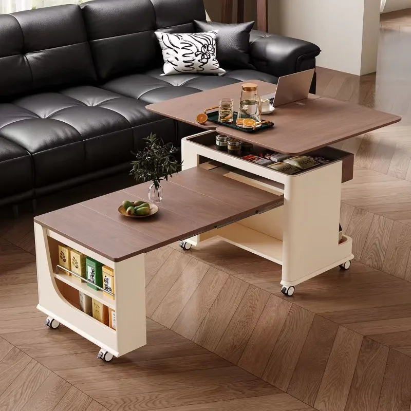 Movable coffee table, living room, household small apartment, medieval cream wind, liftable folding trolley, sofa side table