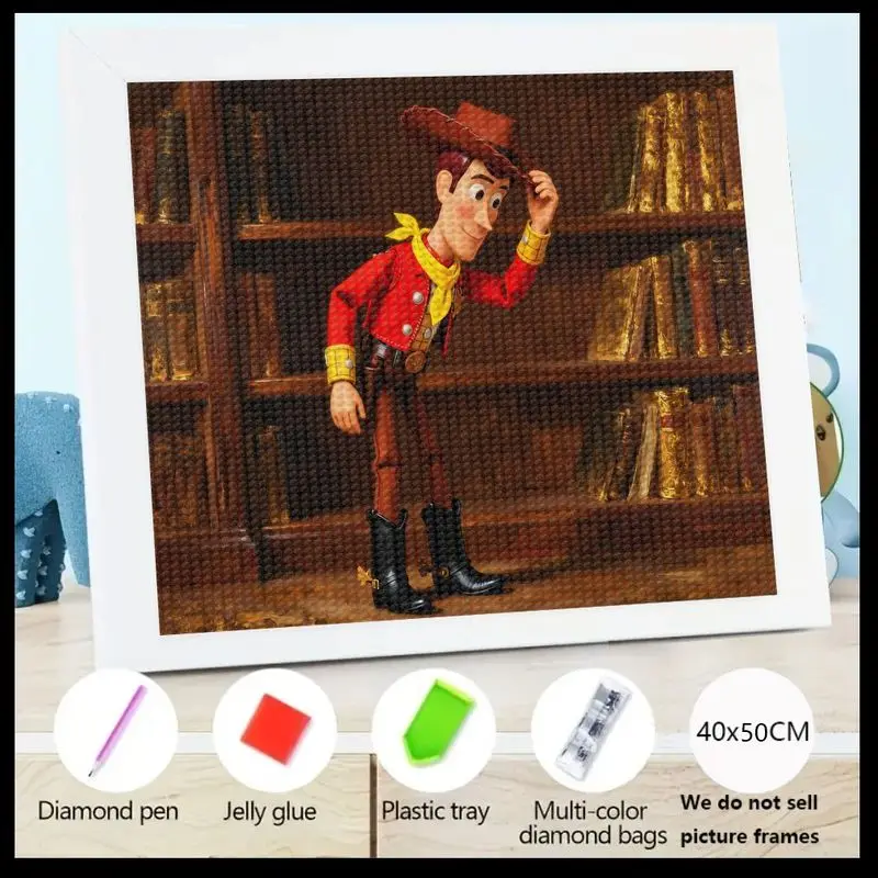 Kit de pintura de diamante de taladro completo 5D DIY, sombrero basculante de personaje de vaquero de dibujos animados clásico en escena de biblioteca de estantería, Rhi de cristal, 1 ud.