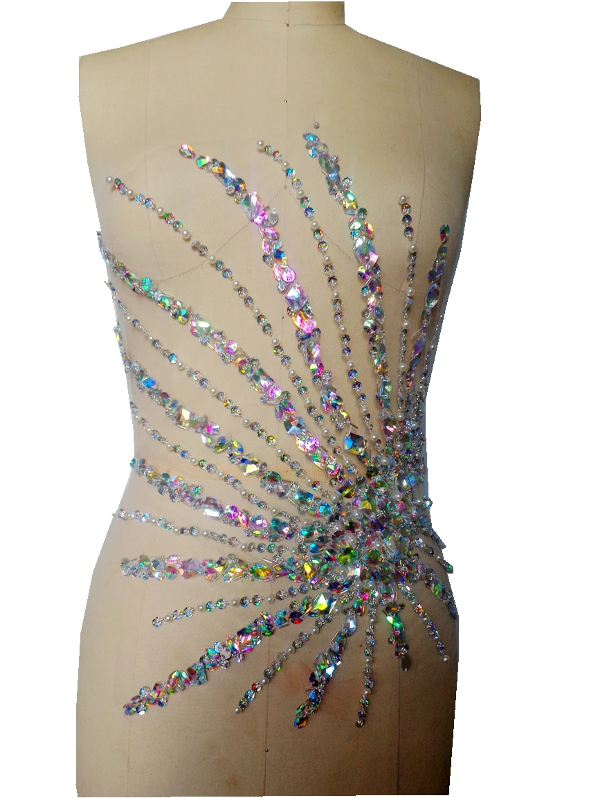 

A51 hand made clear AB colour sew on Rhinestones applique crystals trim patches 41*39cm dress accessory