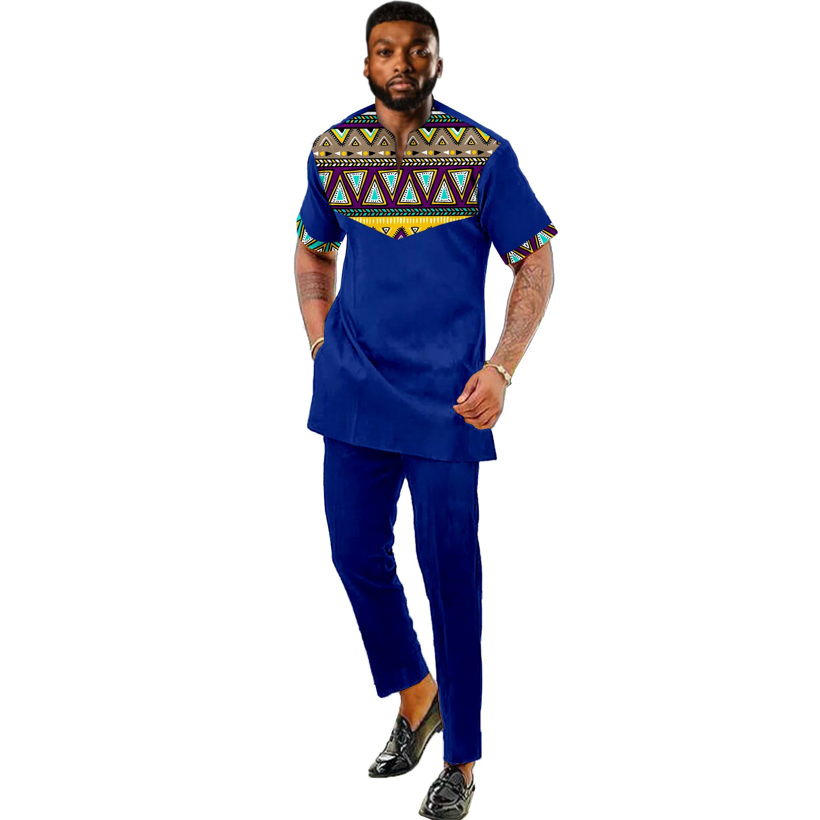 

Men's African Dashiki Formal Suit Half Sleeve Shirt and Pant Two Piece Set Traditional Tribal Outfits Tracksuit