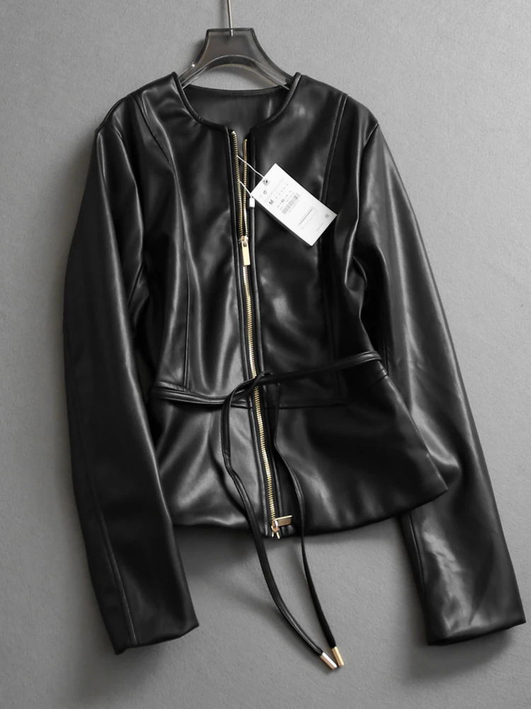 

Business Commute Pure Color Belted Waist Skirt Zipper Front round Neck Jacket Outerwear Long Sleeve Women's Leather Jacket