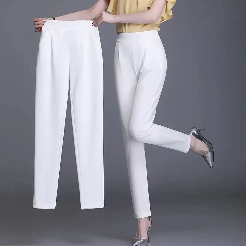 Pantalon droit décontracté pour femme d'âge moyen, taille élastique, noir, blanc, crayon, grande taille, printemps, été