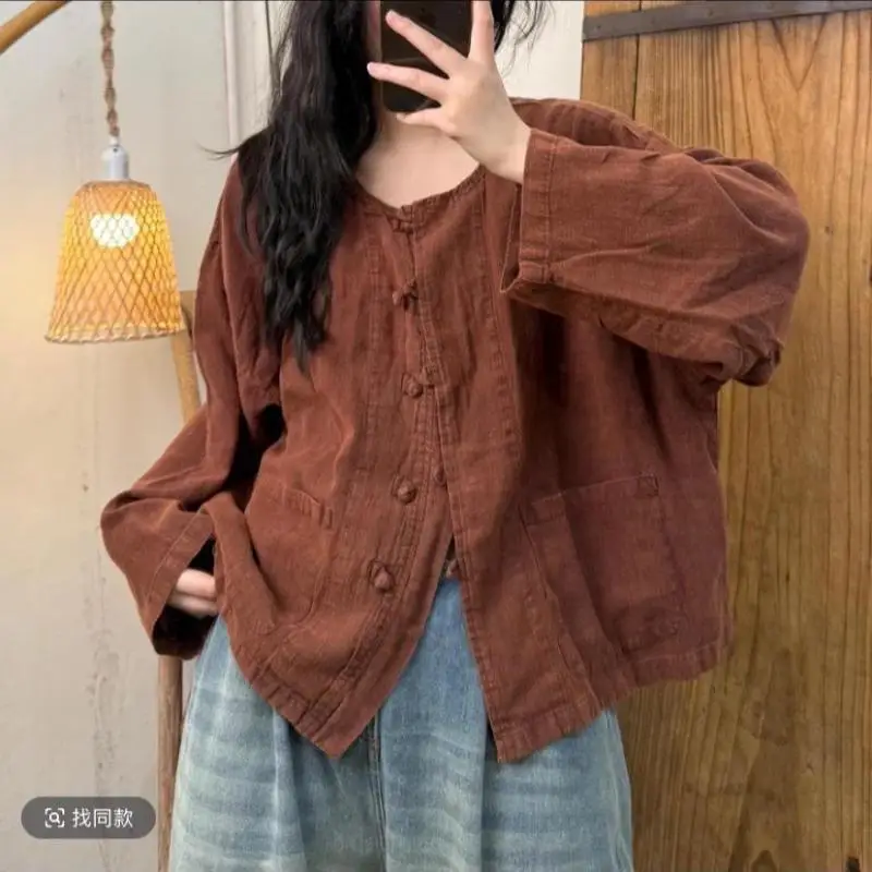 Nové jarní umělecké stylové dámské jednořadé volné krátké kabáty s výstřihem do O-neck s dvojitými kapsami, vintage bavlněné lněné bundy vysoké kvality - náhled 2