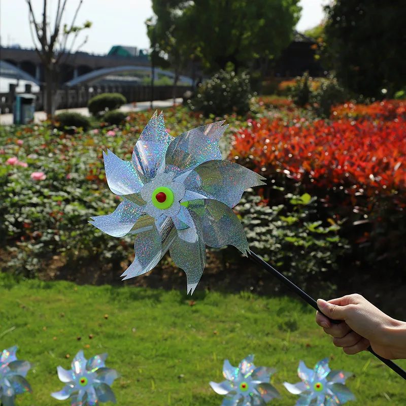 Reflective Sparkly Silver Bird Repellent Pinwheels Sparkly Holographic Spinners For Garden Yard Lawn Patio Outdoor Decoration