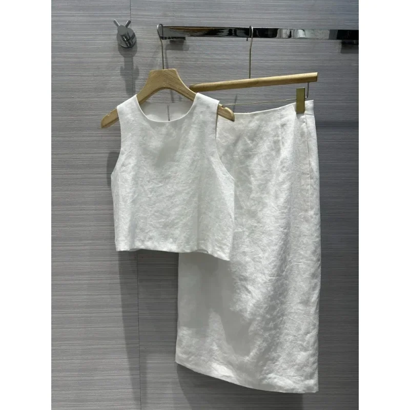 

Pure Linen Set High Quality Black White Sleeveless Casual O-Neck Short Vest Tops Back Slit Skirt 2024 Office Lady Two Pieces