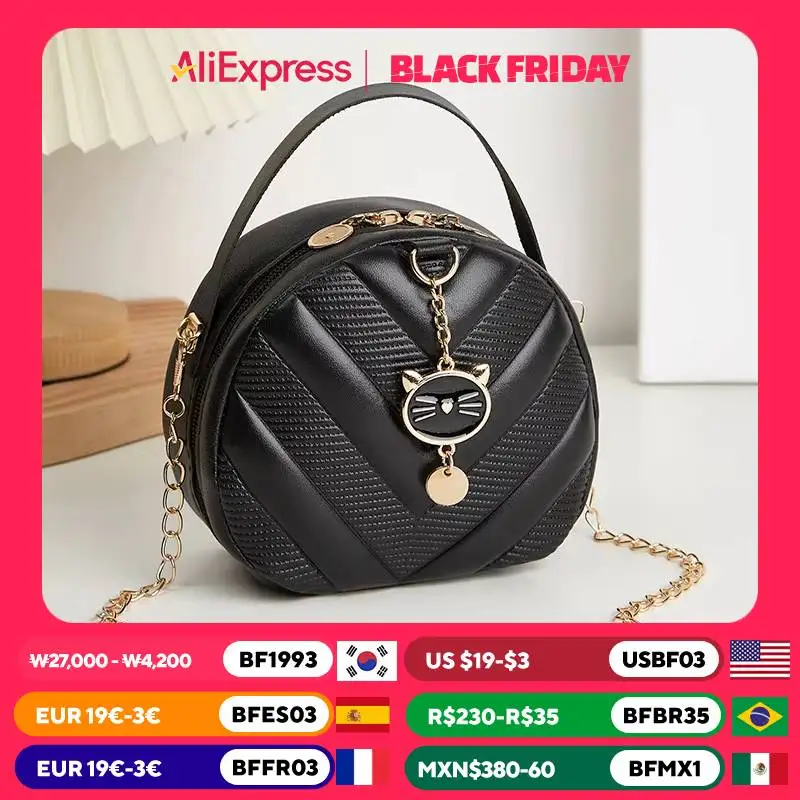 Women's Bag Trendy Fashion Casual V-shaped Embossed Pattern Cat Pendant Diagonal Cross Small Round Bag Shoulder Bag