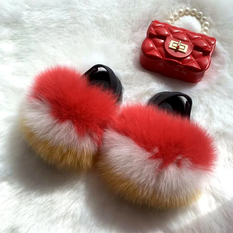 Girls Faux Fur Slippers Fullfy Furry Fur Slides Child Rainbow Jelly Bags Pearl Chain Handbag Toddler Kids Cute Fur Shoes Bag Set