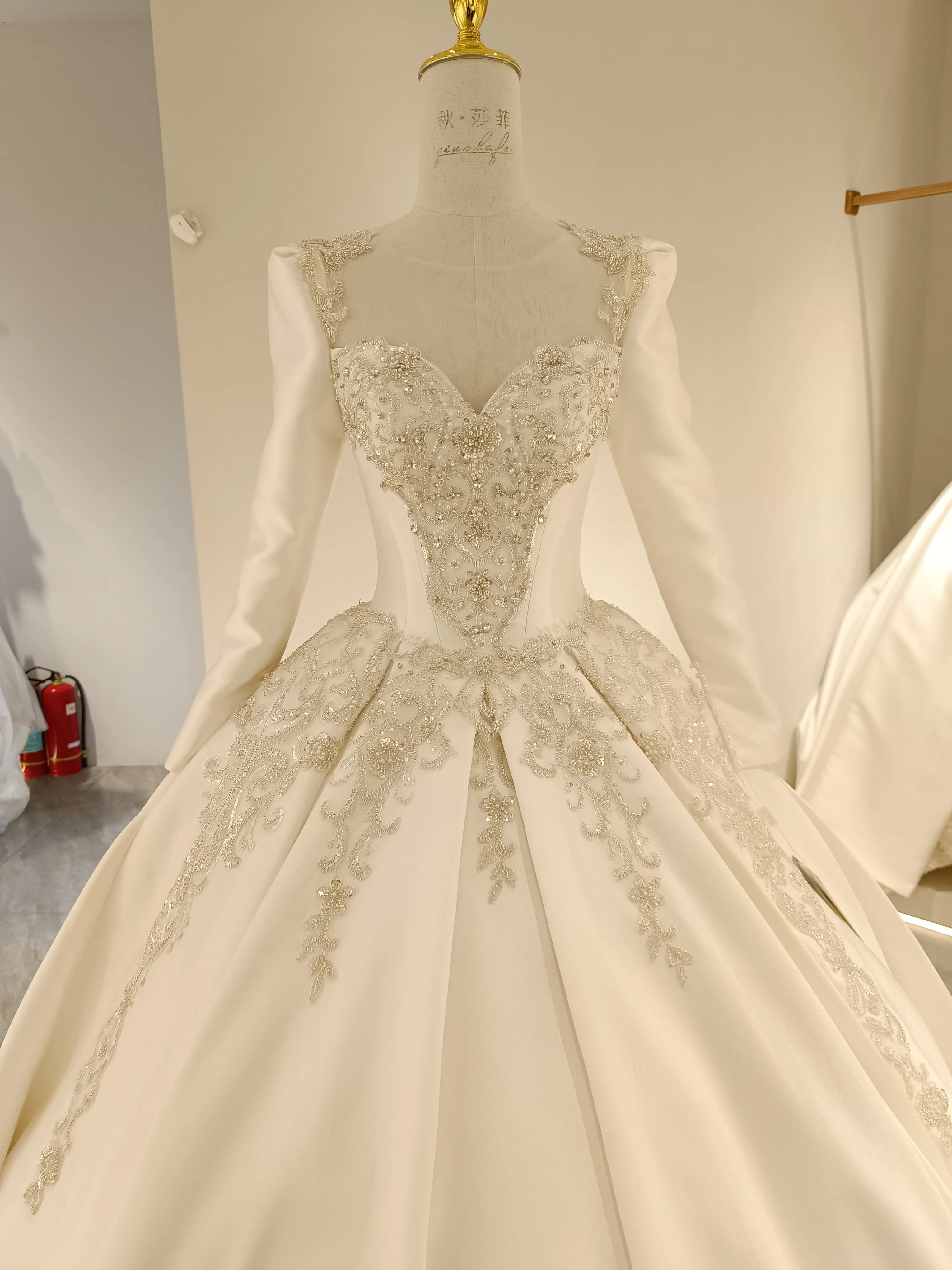 A Line Long Sleeve Embroidery Beads Keyhole Lace-Up Wedding Dress