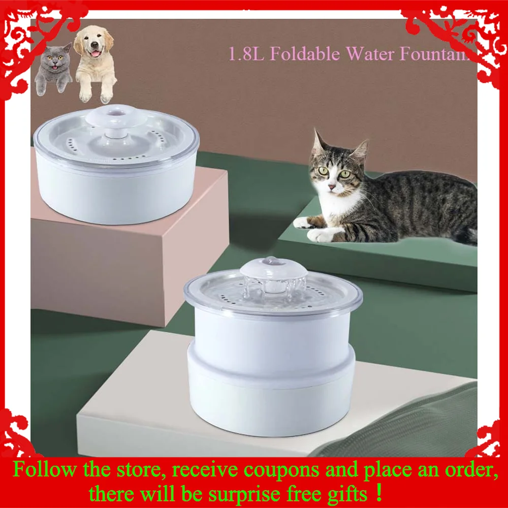 

1.8L Intelligent Pet Water Fountain Auto Filter USB Electric Mute Cat Drinker Bowl Foldable Water Dispenser with LED Lighting