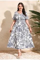 Francuskie eleganckie sukienki Plus Size damskie kwiatowe sukienki do połowy długości z dekoltem w szpic modne damskie casualowe w stylu Streetwear wiosenne lato