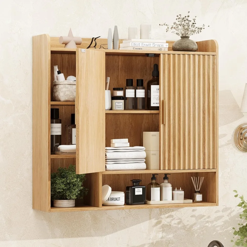 

luted Bathroom Wall Cabinet, Wooden Medicine Cabinet Organizer with 2 Doand Adjustable Shel, Over The Toilet Storage Cabinet or