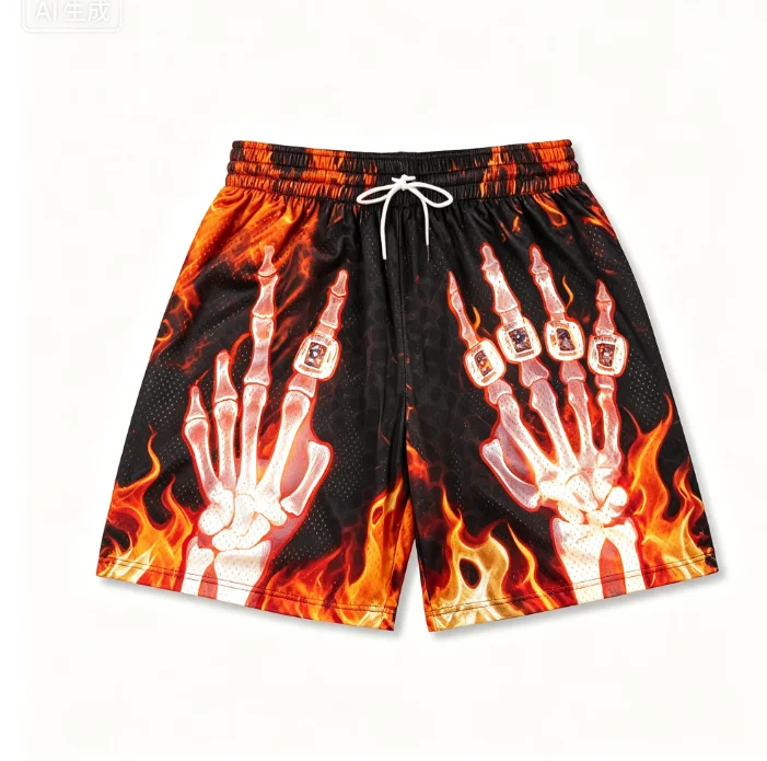 New Fashion Street Basketball Shorts Sports Pants Skeleton Hand Printed Quick Drying Shorts Quick Drying Breathable Short Pants