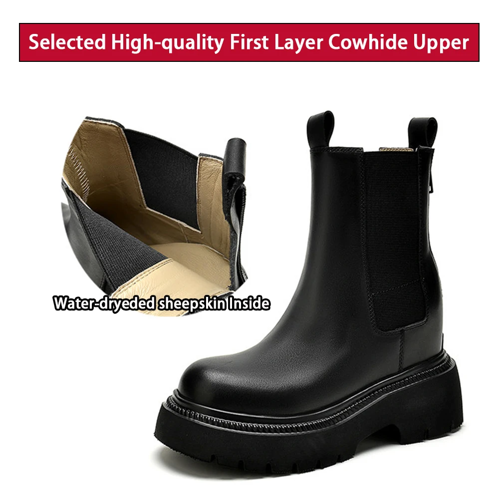 ZJR 8-14cm Women Platform Boots Hidden Wedge Chelsea Boots Genuine Leather Chunky Platform Shoes Height Increasing Ankle Boots