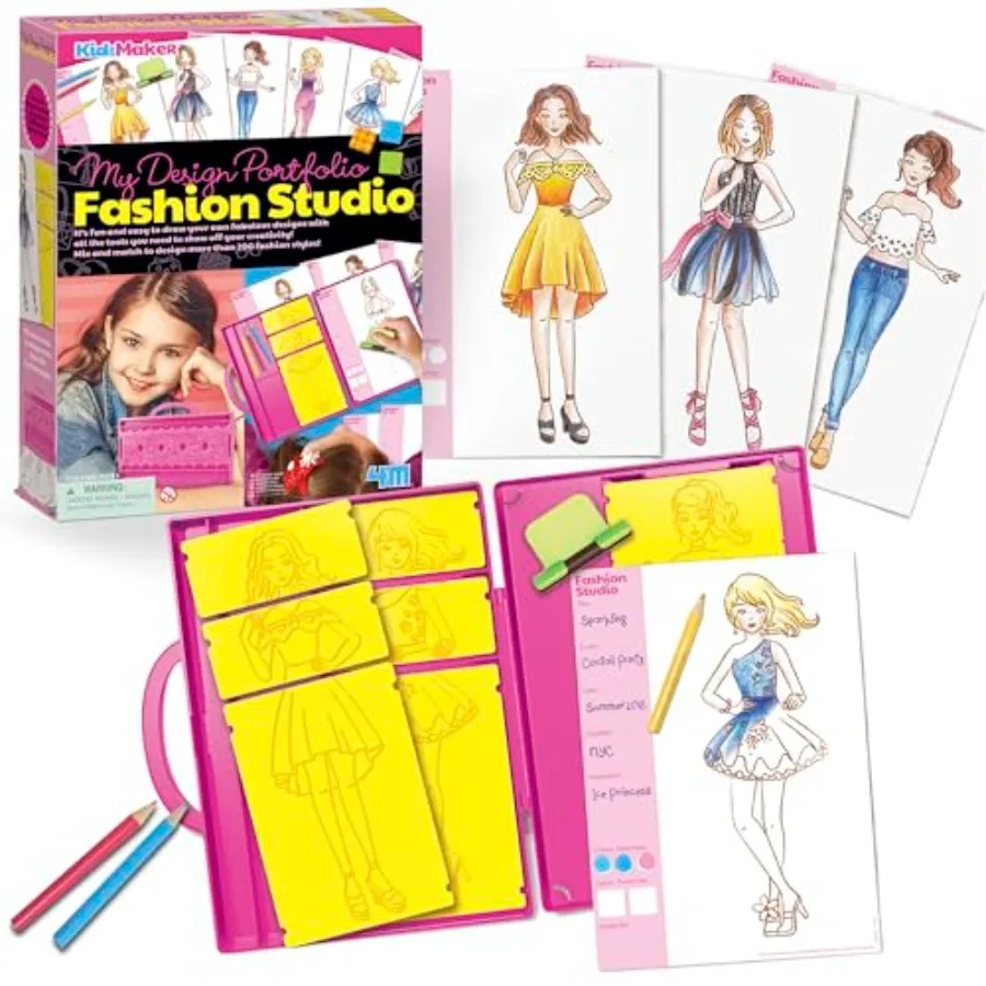 KidzMaker: My Design Portfolio Fashion Studio - Creative Outfit Design Drawing Kit with Mix Max Pattern Rubbing Plates Portable