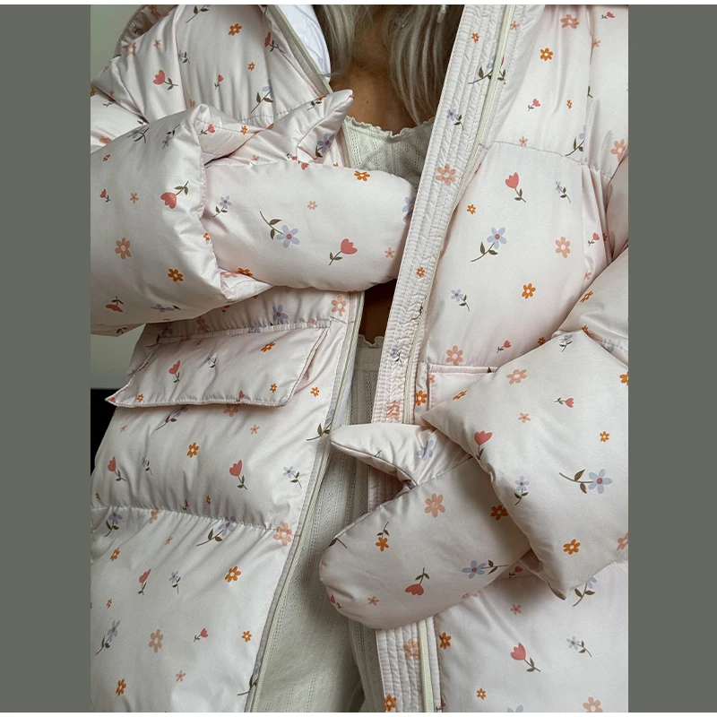 Unique Hooded Women's Winter Jacket Elegant Printed Thicken Pockets Full Sleeve Female Cotton Coat 2025 New Woman Coats Outwears