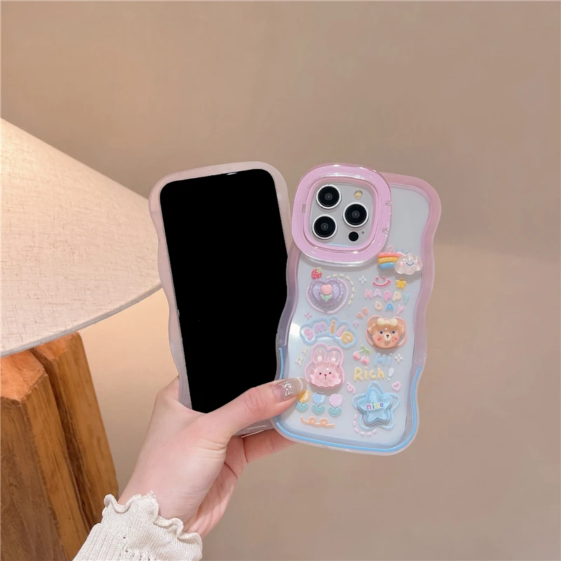 Stereoscopic Rainbow Bear Bunny Anti-collision Anti-Drop Dual Stand Case for iPhone 15 13 12 12 11 14 Pro Max 13Pro XR XS Max X