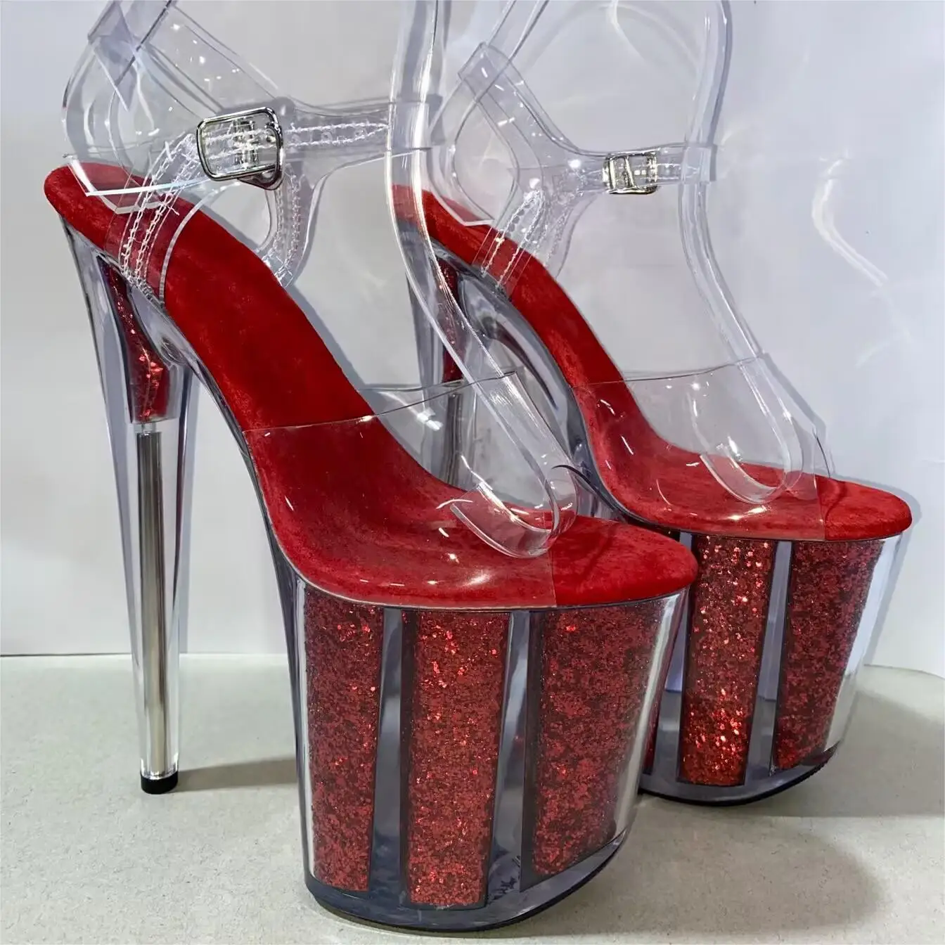 Red sequin 20cm sexy transparent platform sequin trim, 8-inch stiletto party nightclub shoes/pole dancing model sandals