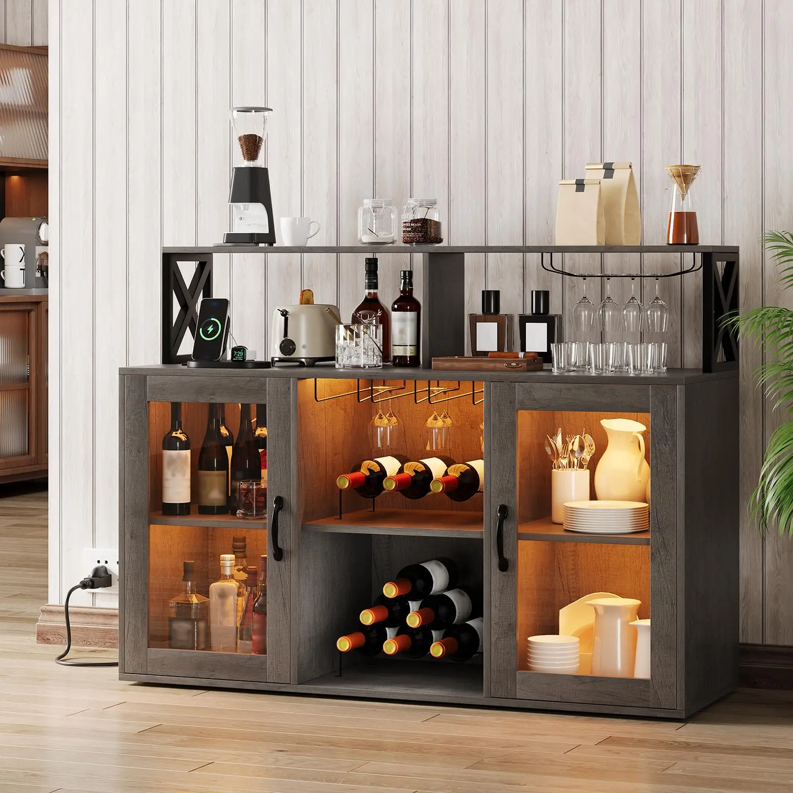 CuisinSmart Bar Cabinet for Home Wine Cabinet with Power Outlets Led Lights and and Glass Holder Liquor Cabinet with Storage Rac