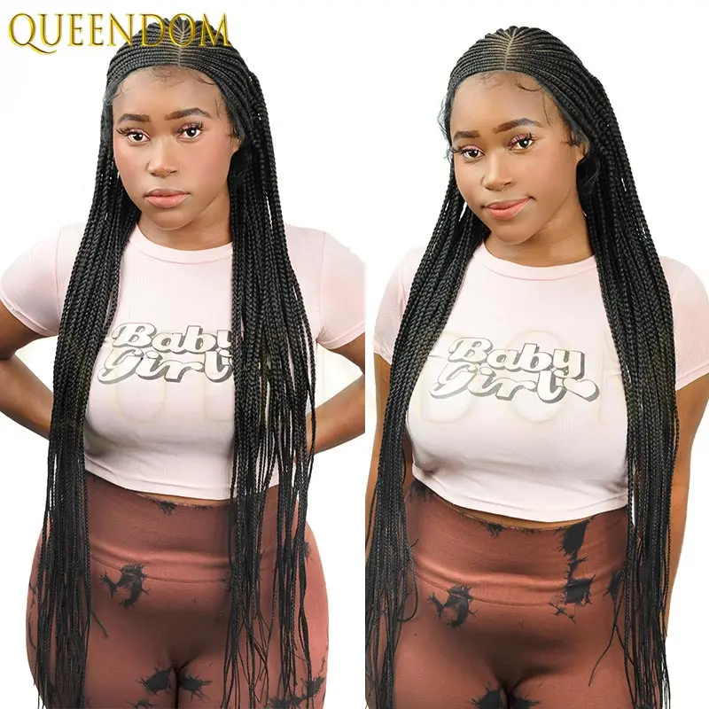 الاصطناعية الجانب جزء كامل الدانتيل كورنو شعر مستعار مضفر للنساء السود 36 بوصة Knotless صندوق جديلة شعر مستعار مع شعر الطفل للاستخدام اليومي