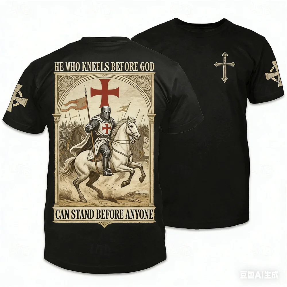 Funny Crusaders Knight 3D Printed Men's T-shirts Street Hip Hop Casual O-neck Loose Tops Christ Jesus Pattern Short Sleeve Tees