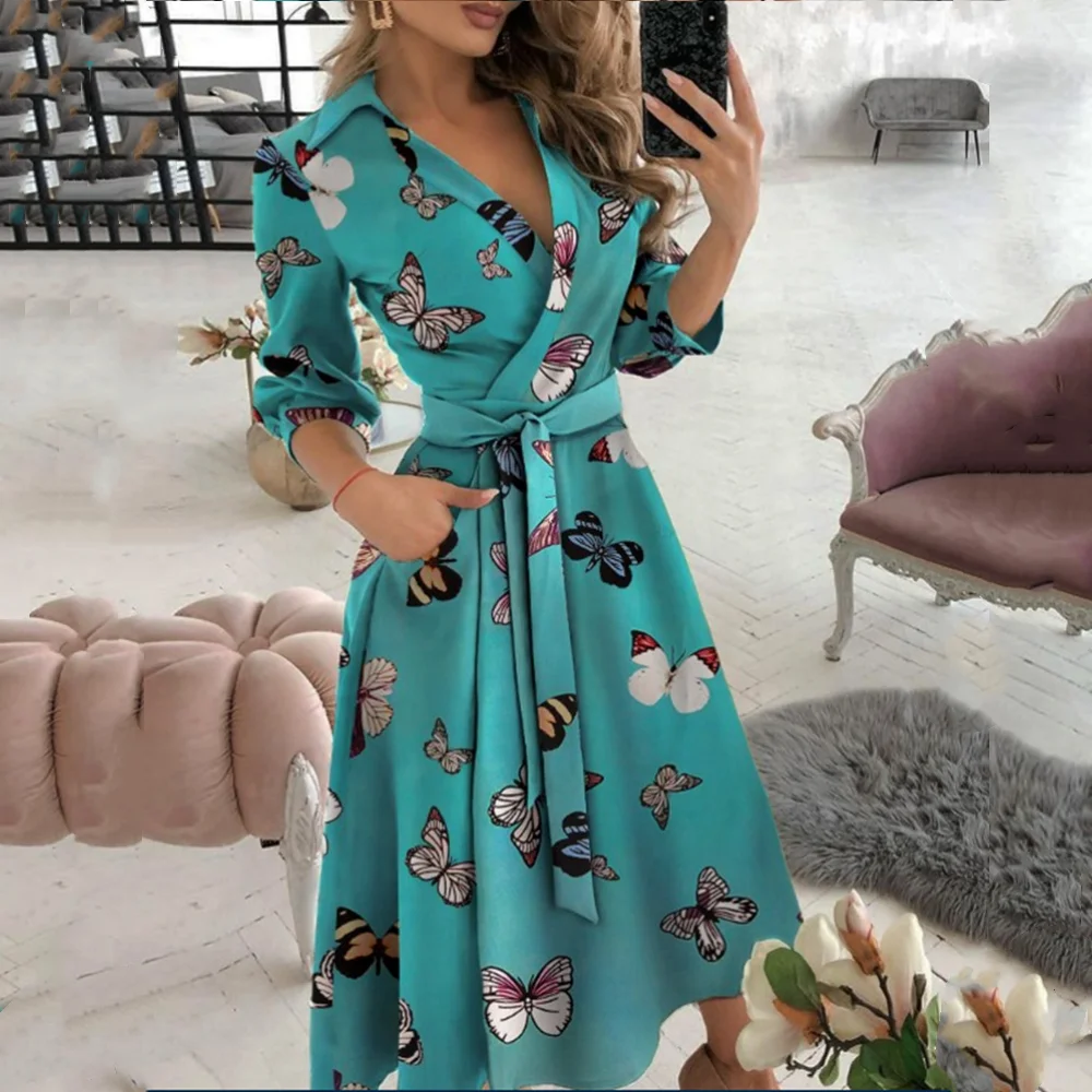 

Women Spring/autumn Dress Elegant Casual Office Lady Lace Up Long Sleeve V-neck Letter Butterfly Dot Print Wrapped Hip Dresses