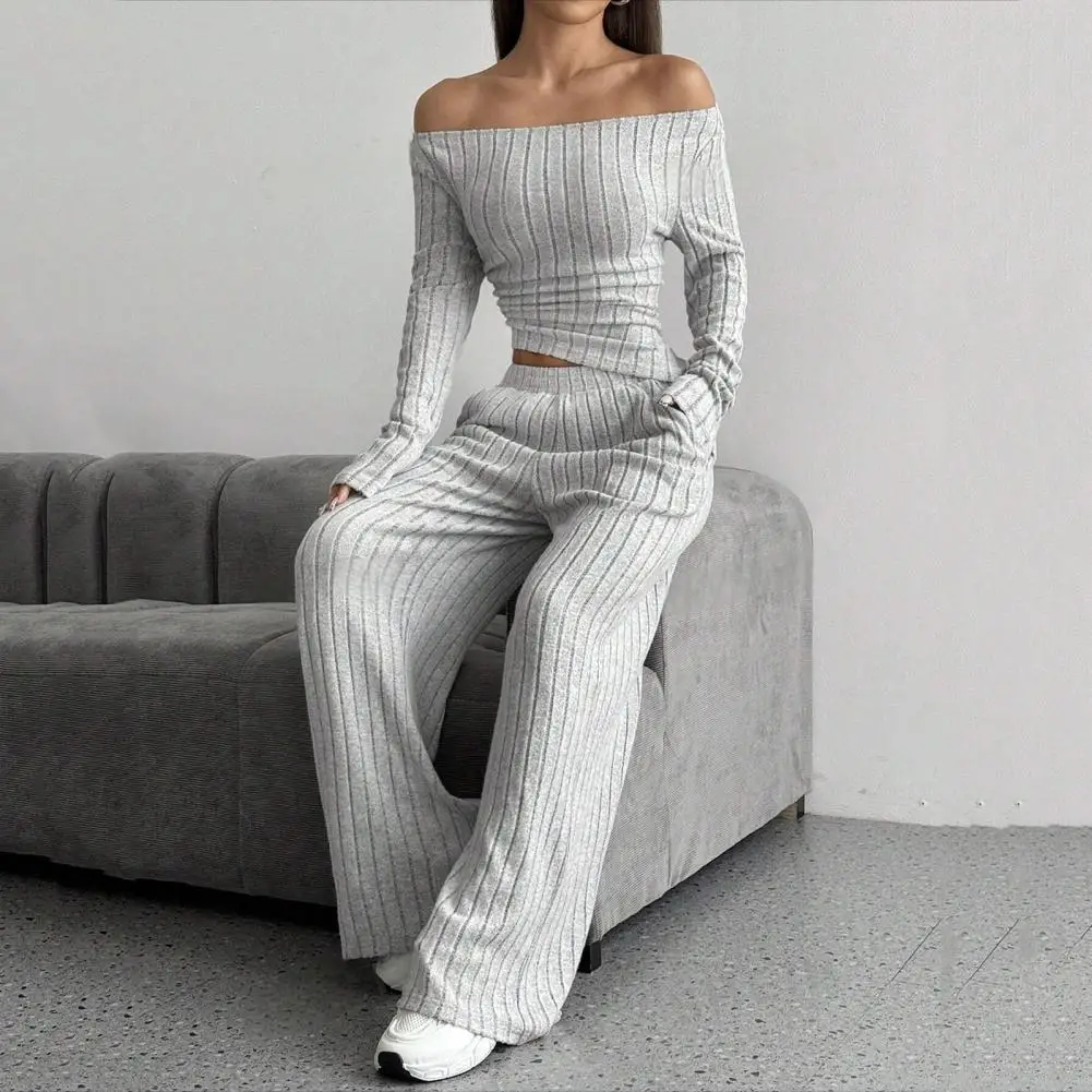 

Women Top Pants Set Elegant Boat Neck Knitwear Set with Wide Leg Trousers for Women Solid Color Thread Knit Top Elastic for Fall