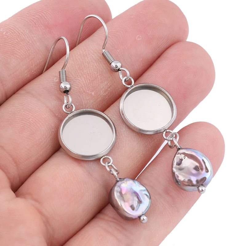6pcs 그레이 핑크 진주 귀걸이 기본 공백 매달려 12mm 카보 숑 설정 트레이 Diy 귀고리 보석 만들기위한 결과