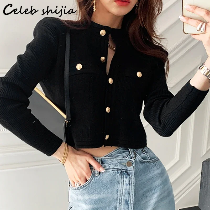 Chic Black Knitted Cardigan Women  Cropped Sweater Office Ladies Business Golden Button Business Short Sweater Woman Tops