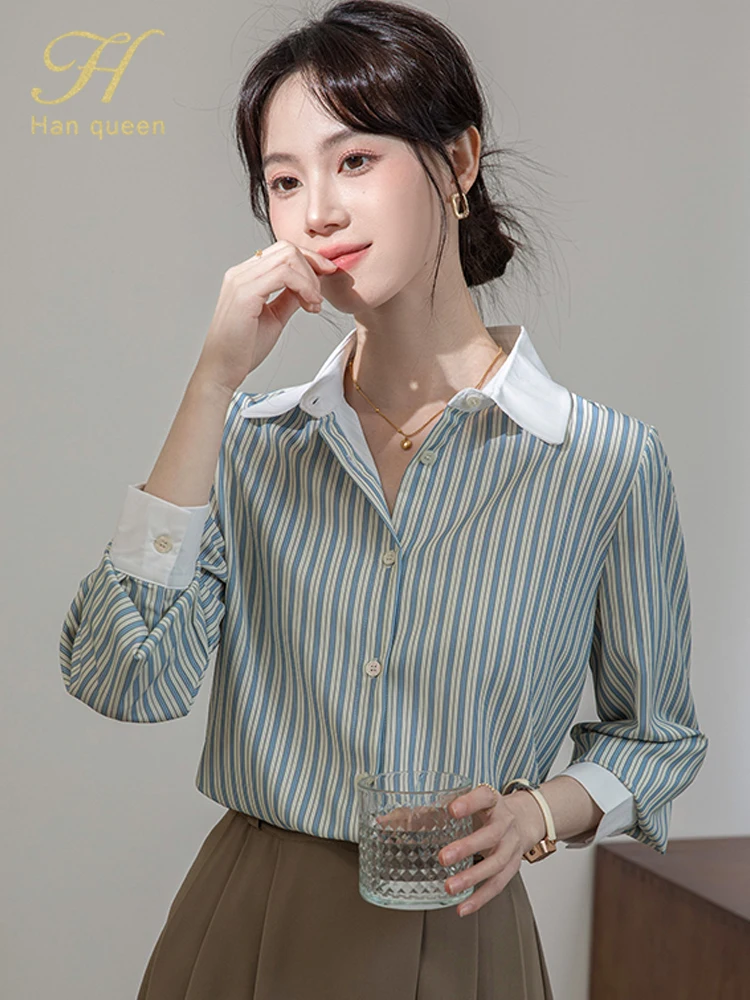 

H Han Queen 2025 Autumn Winter Vintage Office Chic Women's Shirts Elegant Stripes Tops Long Sleeve Casual Korean Loose Blouses