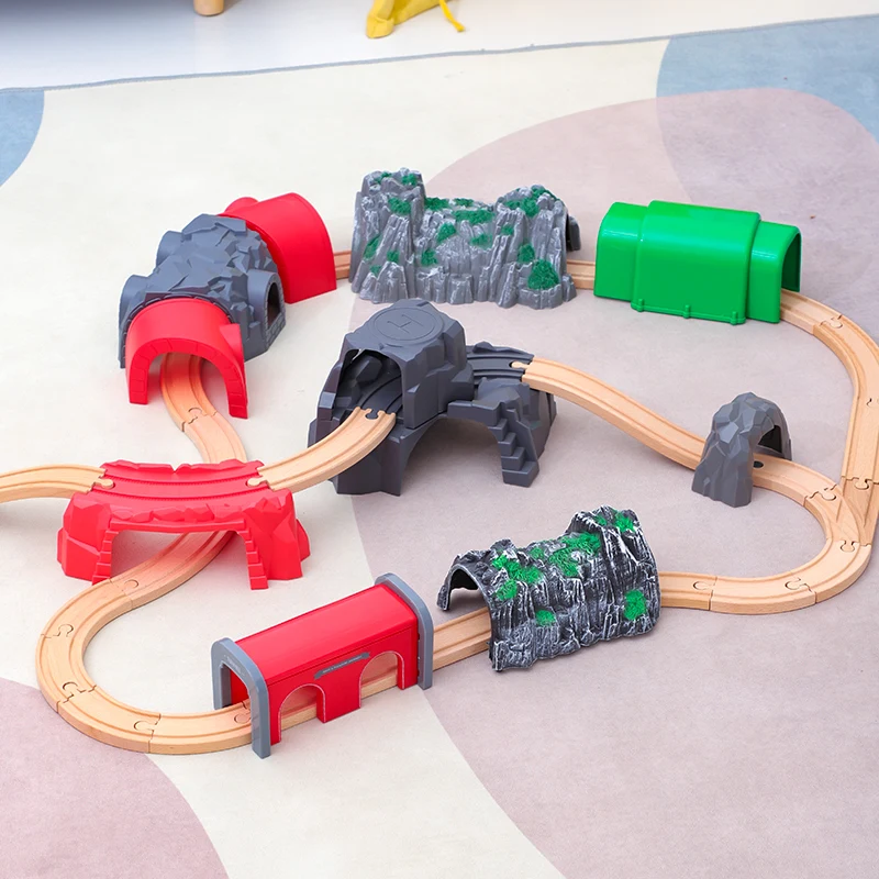 Cueva de pista de ferrocarril de madera, accesorios universales para todas las marcas, vías educativas, vías de tren, coches, juguetes para niños