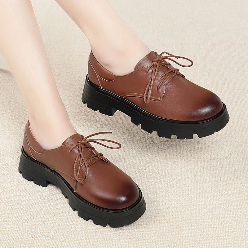 DIMANYU Women Shoes Platform Spring Genuine Leather Lace-up Fashion Women's Loafers British Style Ladies Oxford Shoes