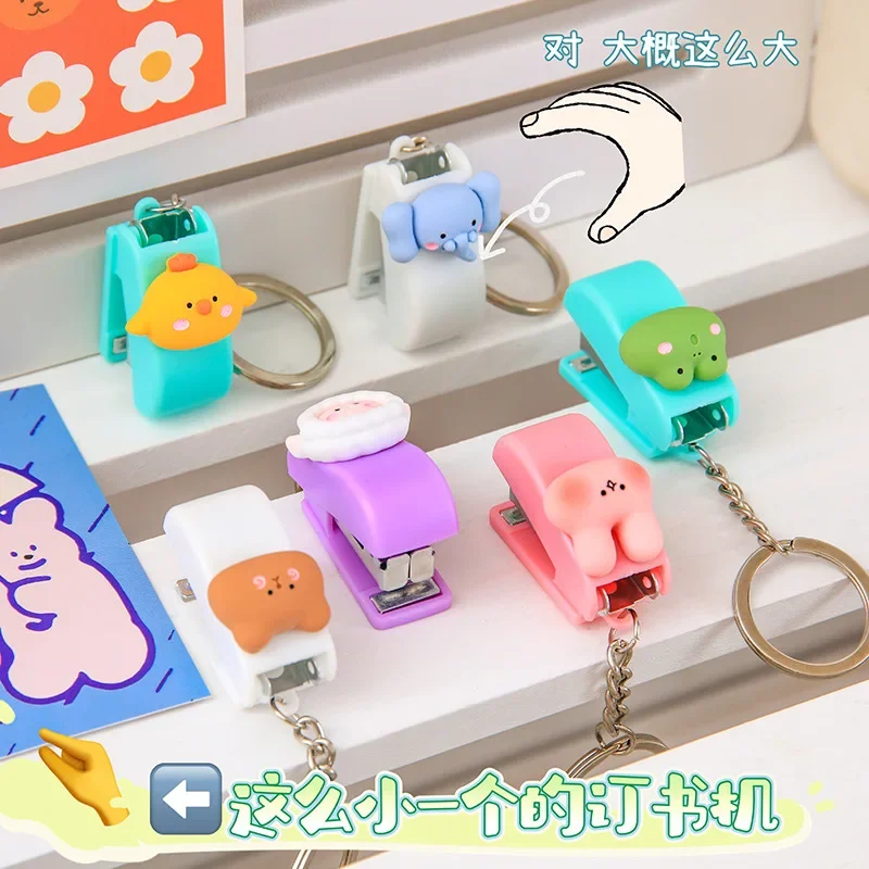 50pcs Small Stapler with Keychain Portable Cute Cartoon Mini Stapler Creative Student Office Kawaii Mini Stapler School Supplies