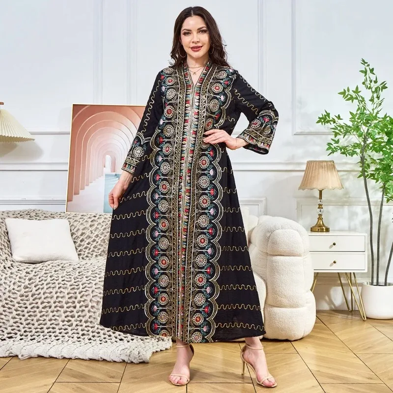 

Dubai Style Abaya Sequined V-neck Loose Party Dress for Muslim Women Special Events