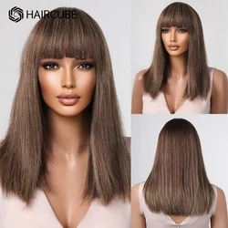 HAIRCUBE Straight Bob Human Hair Wigs with Bangs Brown Highlights Wig Ombre Honey Fring Colored Remy Human Hair Wigs for Women